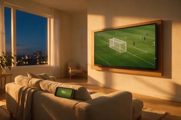 A living-room television and a phone showing the same live football match, with a streaming stick plugged into the screen