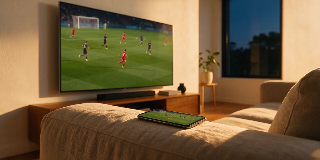A living-room television showing a live football match in daylight, with a streaming stick at the edge of the screen and a phone on the sofa arm playing the same match